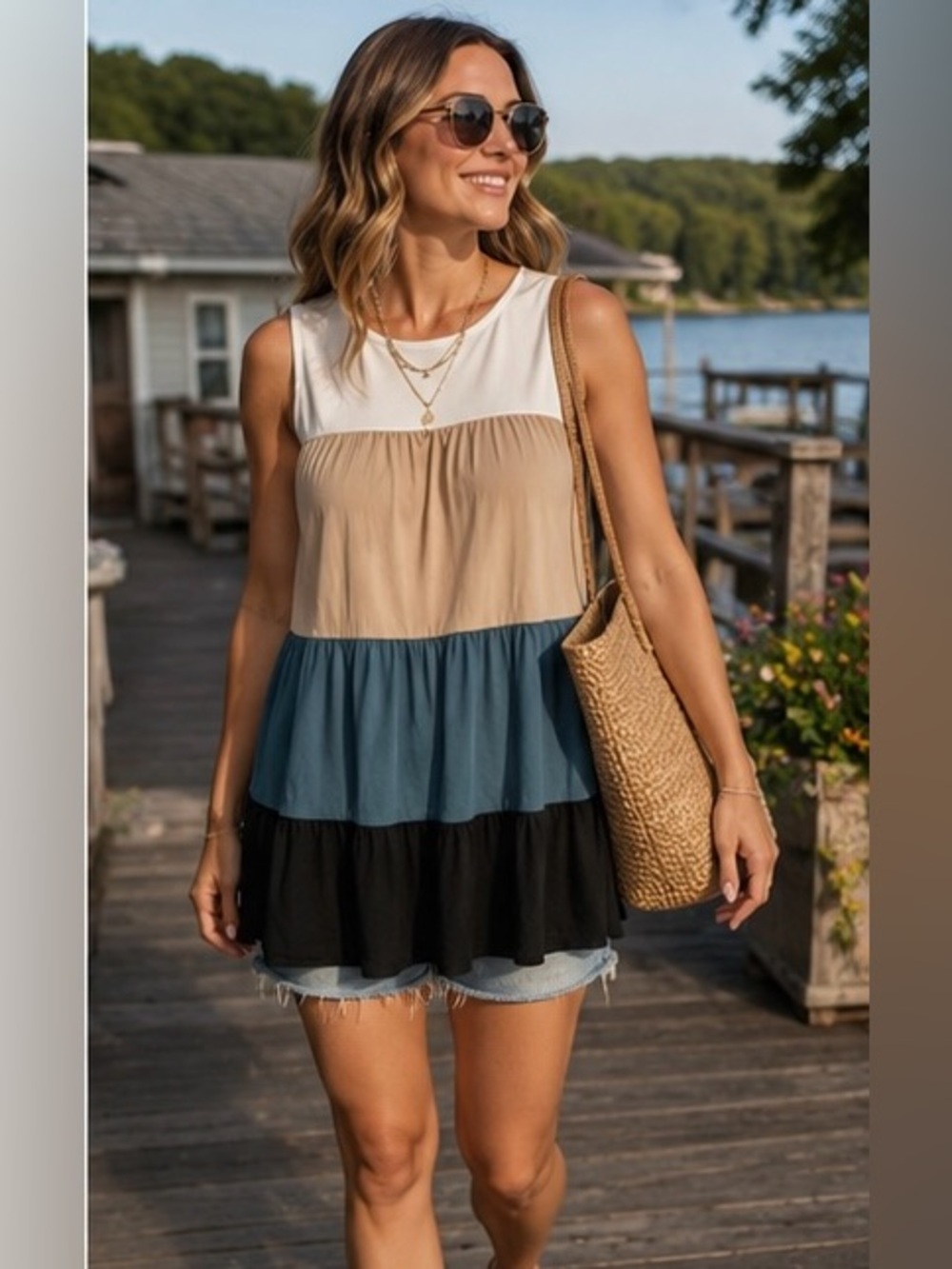 Perfect Peach Colorblock Tiered Sleeveless Tunic Top Large Boho Flowy